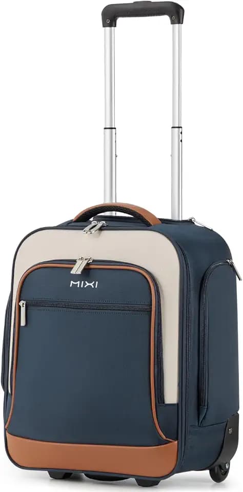 mixi 16 Inch Underseat Carry-On Luggage, Softside Suitcase with Wheels, Fashion Lightweight Water-Resistant Personal Item Travel Bag for Short Trips, Deep Blue-Off white
