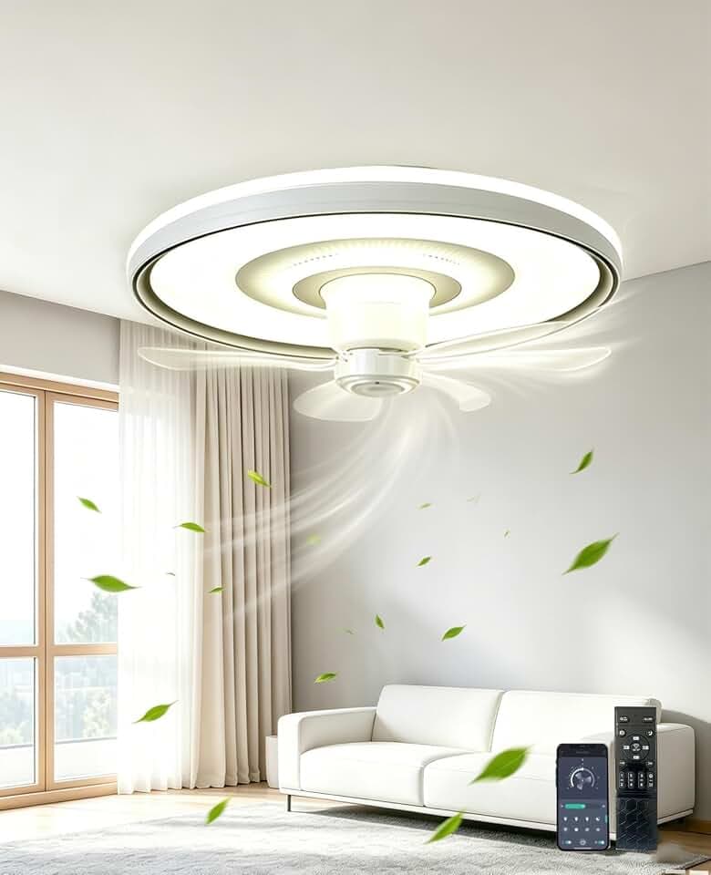 Deckenleuchte mit Ventilator 50cm Deckenventilator mit Beleuchtung Drehbarer Kopf 6 Geschwindigkeiten Fernbedienung und die App für Wohnzimmer, Schlafzimmer, Büro