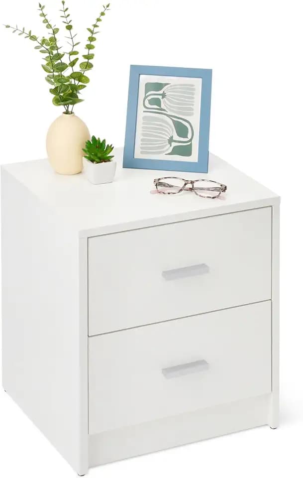Amazon Basics Nachttisch, Nachtschrank mit 2 Schubladen, Schlafzimmerschrank, Weiß, 47cm x 40cm x 36cm