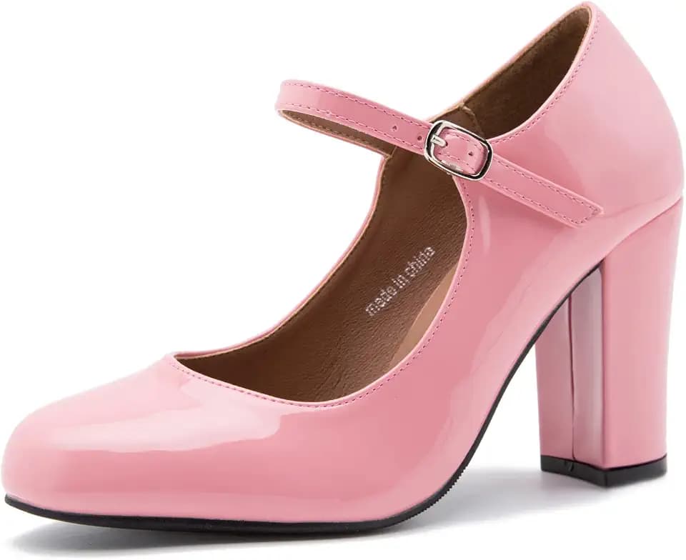 MAIERNISI JESSI Women's Mary Jane Pumps, Closed Round Toe, Block Heel with Ankle Strap Buckle, 3.54 Inch High Heel