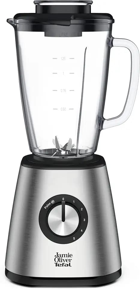 Jamie Oliver by Tefal Standmixer, benutzerfreundlich, 800 Watt Leistung, robuster Thermoglas-Behälter (1,25 L Nutzinhalt), Crushed-Ice-Funktion, 5 Geschwindigkeitsstufen, Mixer, Edelstahl, BL43J810