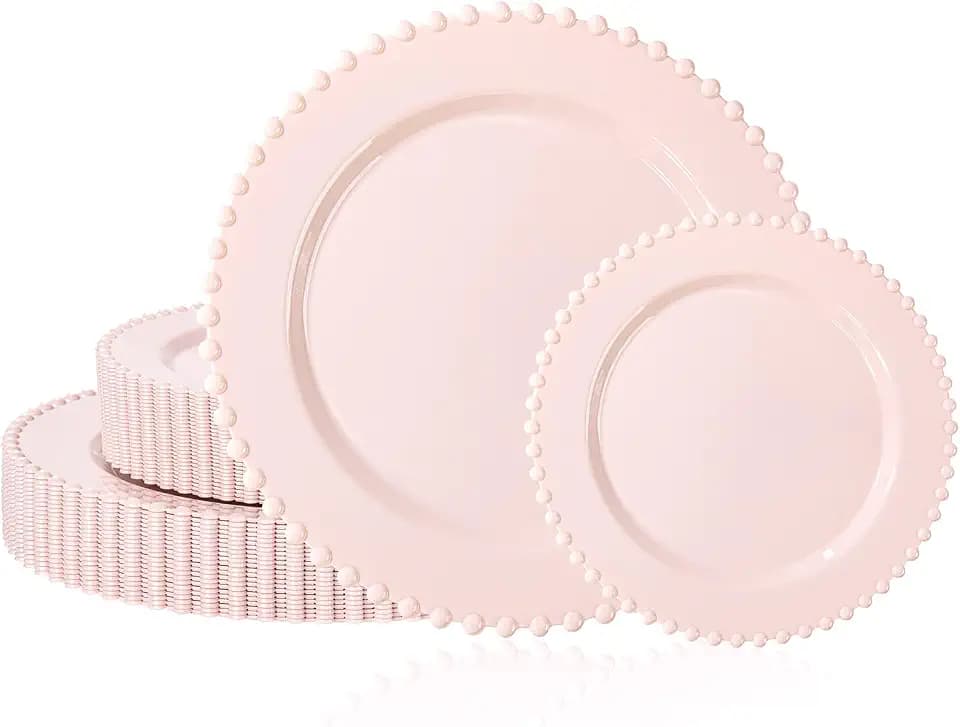 U-QE 60PCS Pink Plastic Plates, Beaded Pink Plates Disposable Heavy Duty