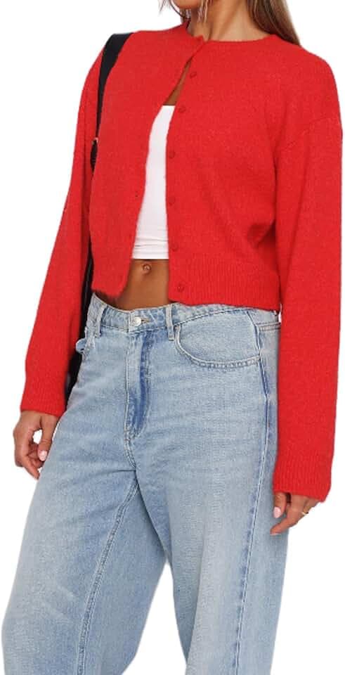 Y2K Damen-Strickjacke, langärmelig, vorne offen, Knopfleiste, bauchfreier Pullover, fester Strickpullover, Herbst-Outfits