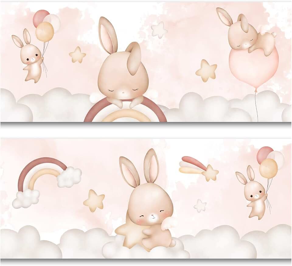 Bordüre 15cm x 200cm für Kinderzimmer Babyzimmer Dekor Aufkleber Wandbordüre selbstklebend Wandtattoo für Kinder Mädchen Junge Y033 (Hasen mit Ballons)