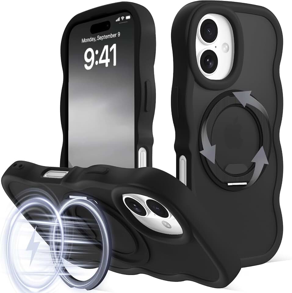 for iPhone 17 Case with 360° Ring Stand Wavy Wavy Black Phone Case