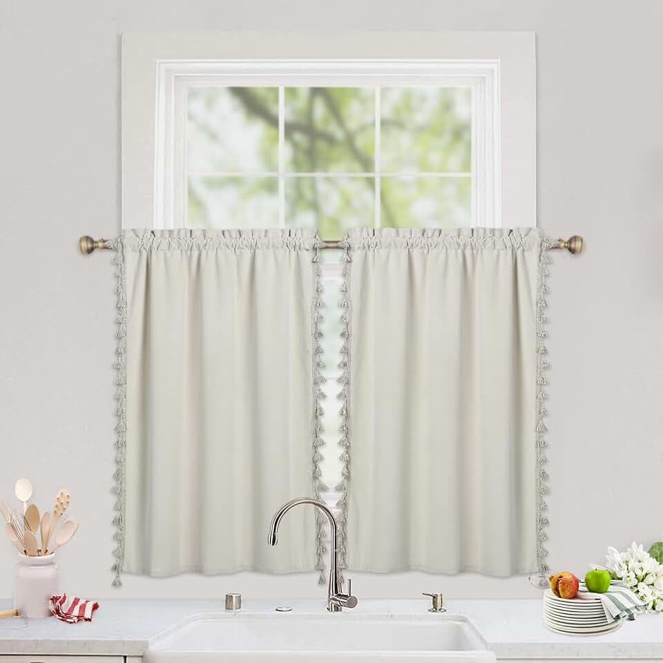 CAROMIO Cafe Curtains Boho Tassels Luxury Velvet Basement Kitchen Window Curtain Panels for Living Room Elegant Home Decor Rod Pocket Window Treatment, Cream, 26" W x 36" L, Set of 2