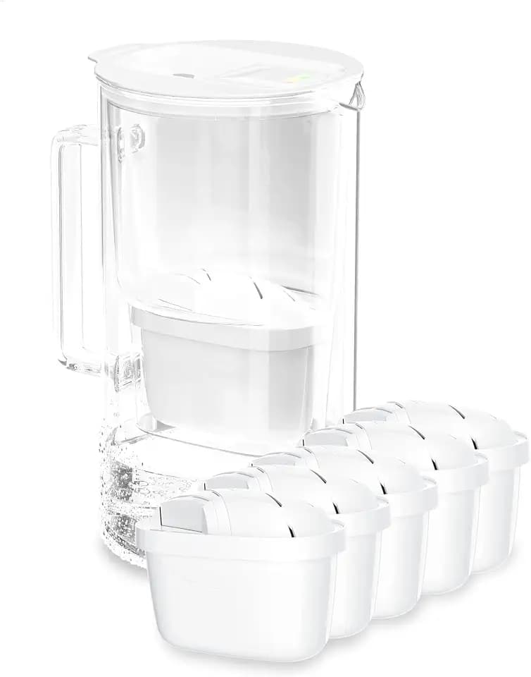 Wessper Wasserfilter Kanne Glas mit LED-Anzeige 2L, Set mit 5 Filter - Weiß