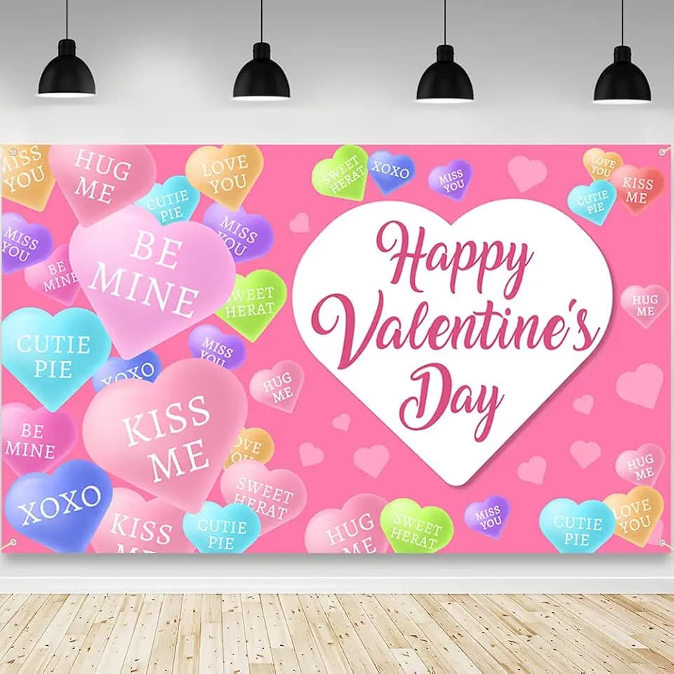 AIBIIN Happy Valentines Day Backdrop Pink Heart Happy Valentine's Day Decorations Banner Pink Valentines Day Party Decorations Backdrop Photo Booth Props 70.8x43.3 inch