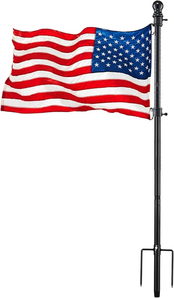 Black Flag Poles for Outside - 8.5FT Metal Outdoor Yard Flag Pole Holder with 2 Prongs Base - 3x5FT American Flag with Pole