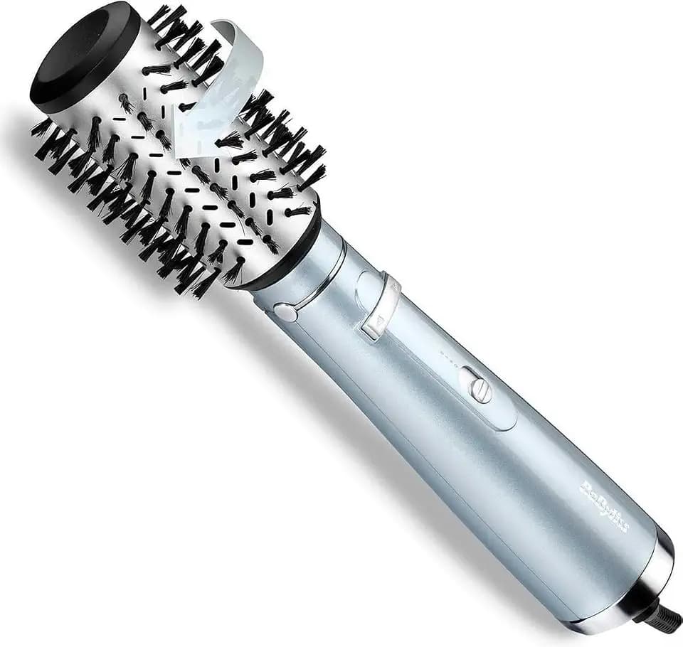 BaByliss Hydro Fusion rotierende Warmluftbürste mit Anti-Frizz-Technologie spendet Feuchtigkeit und Glanz, Föhnbürste mit Ionen-Technologie, 1 Aufsatz für Volumen und Fülle, eisblau, AS773E
