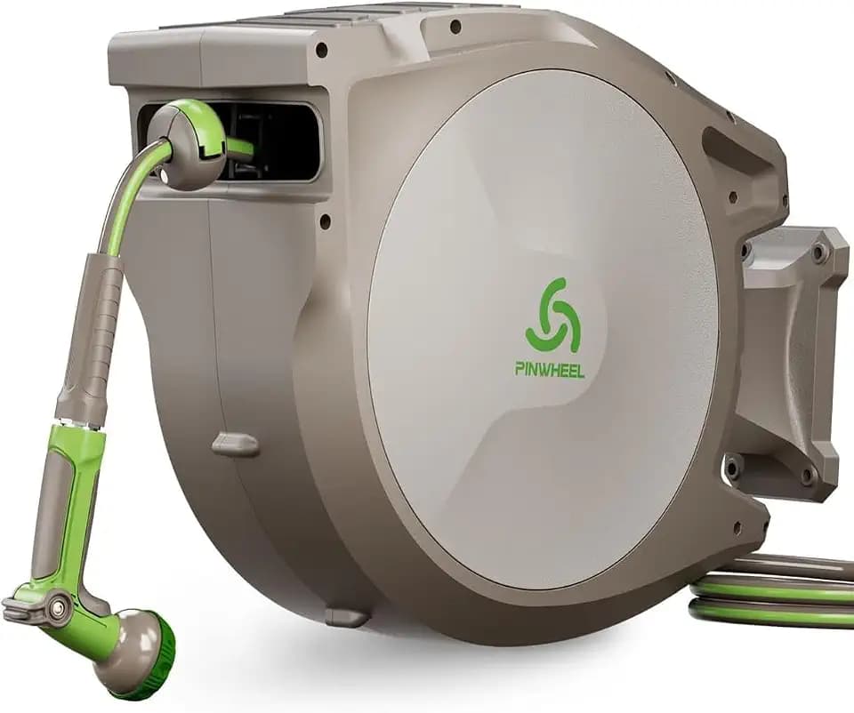 PINWHEEL 5/8in 75FT Retractable Garden Hose Reel, Automatic Retractable Hose with 10-Pattern Spray Nozzle, 180° Swivel Bracket, 3-Layer PVC Durable Water Hose for Yard Lawn Care