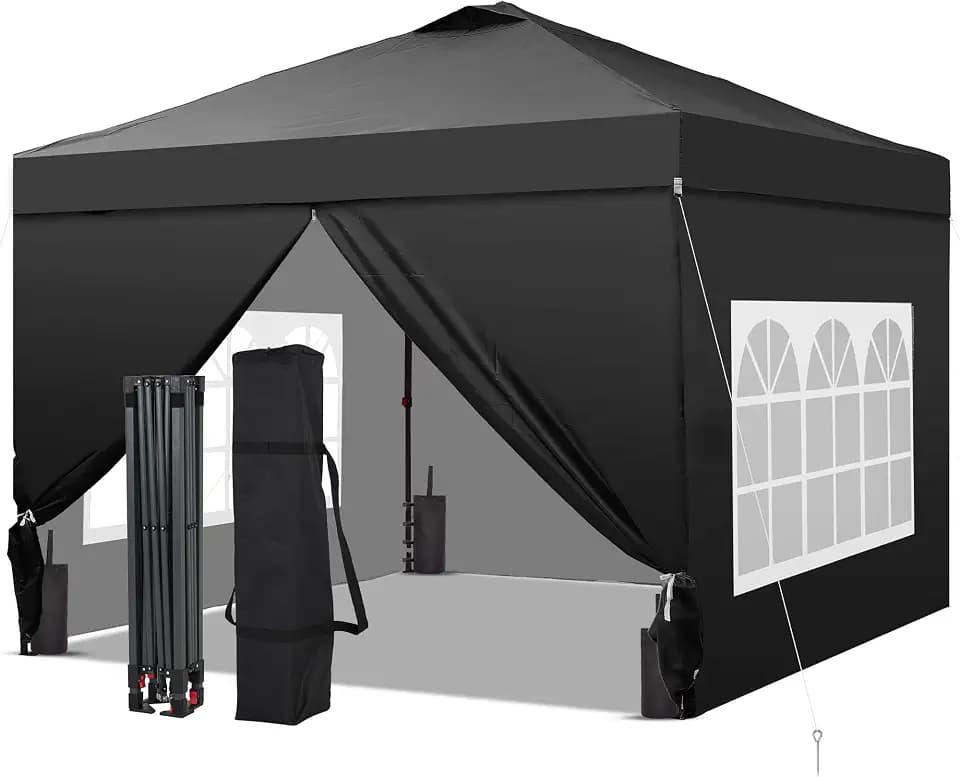 GDY 10x10 Pop Up Canopy Tent with 4 Sidewalls, Easy Set up, Outdoor Silver Coated Beach Gazebos, Carpas with 4 Sandbags, for Events, Parties,Camping. Black.