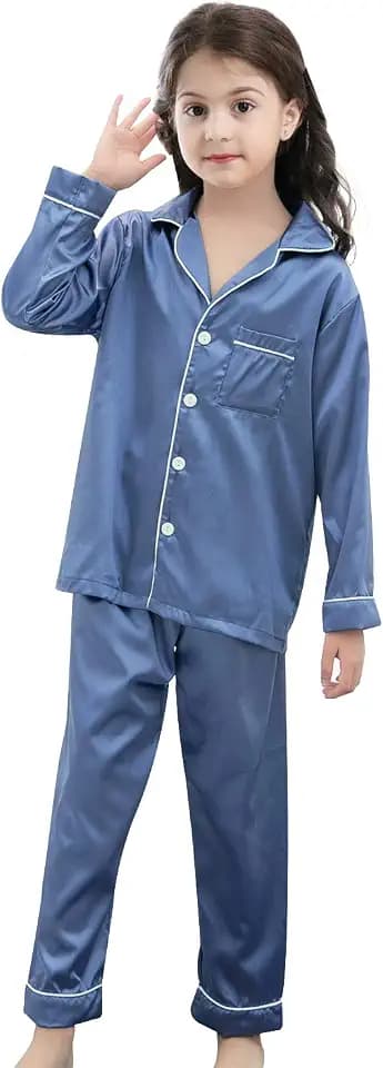 Pajamas Kid Unisex Pjs Set Girls Boys Silk Pajamas Set Satin Long Sleeve 2 Piece Clasic Sleepwear for 2-12 Years Todder