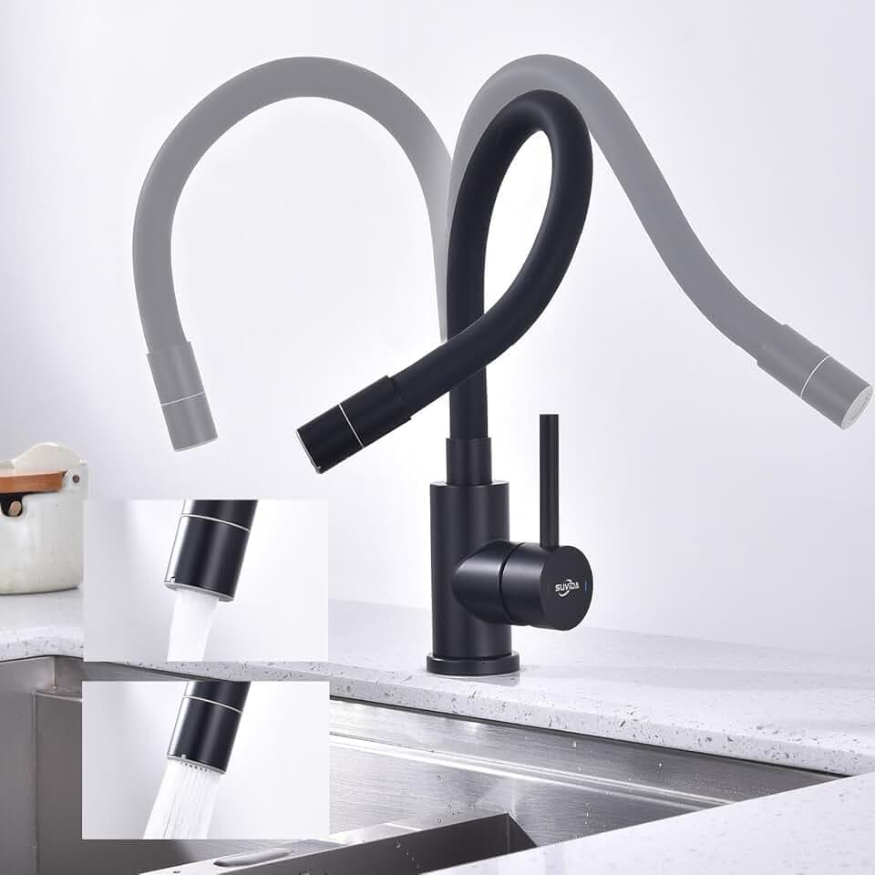 Wasserhahn Küche Schwarz, Flexibler Küchenamatur mit 2 Strahlarten, Hochdruck Armatur Küche 360° Drehbar, Mischbatterie Küche Edelstahl, Spültischarmatur mit Wasserspar Aerator