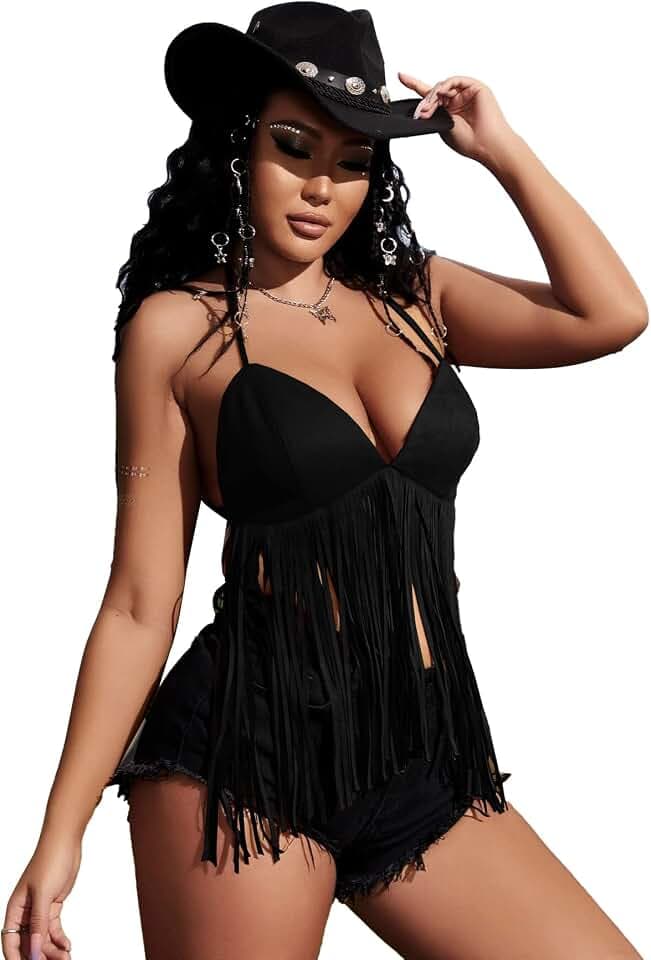 Verdusa Women's Fringe Halter Top Going Out Tops Western Cowgirl Outfits