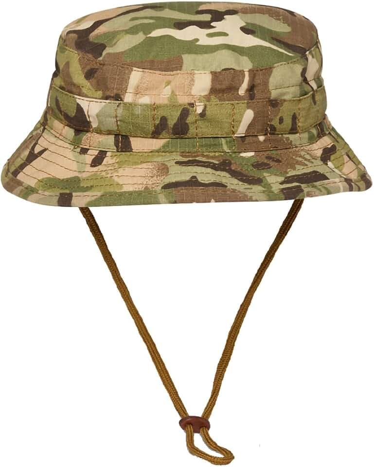 Kombat UK Buschhut mit kurzer Krempe für Herren – Polycotton-Ripstop, Fedora-Stil, elastische Laschen für Laubbefestigung, verstellbarer Kinnhaltegurt, alle Jahreszeiten, Camouflage-Muster