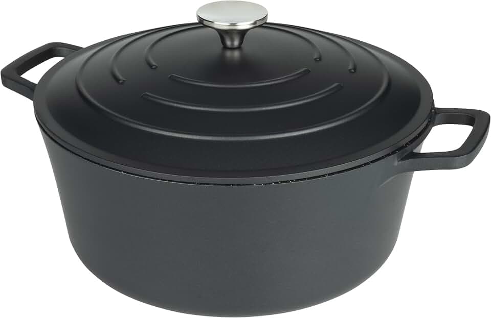 Runde Kasserolle, Auflaufform, Schwarz, Aluminiumguss, Mit Deckel, 28cm Durchmesser, 6,5 Liter Fassungsvermögen, Geeignet für Backöfen und Kochfelder, XR-728BK