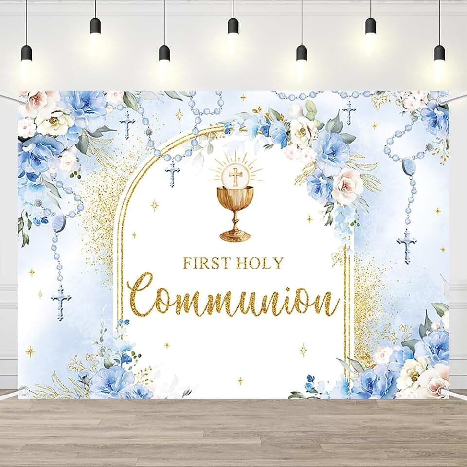AIBIIN 7x5ft First Holy Communion Backdrop for Boy Mi Primera Comunión Party Decorations Blue and Elegant Floral Party Banner Flower Garland Dove Bible God Bless Party Photo Prop