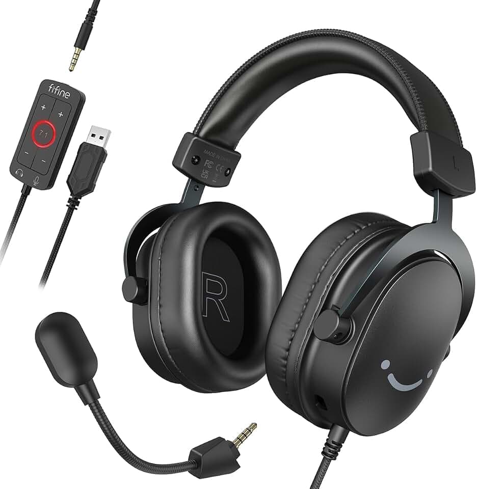 FIFINE Gaming Headset mit Mikrofon, Over Ear Kopfhörer mit Kabel, USB Headset für PC PS4 PS5 Xbox Switch, RGB Headphone mit 7.1 Surround Sound und Ohrpolster