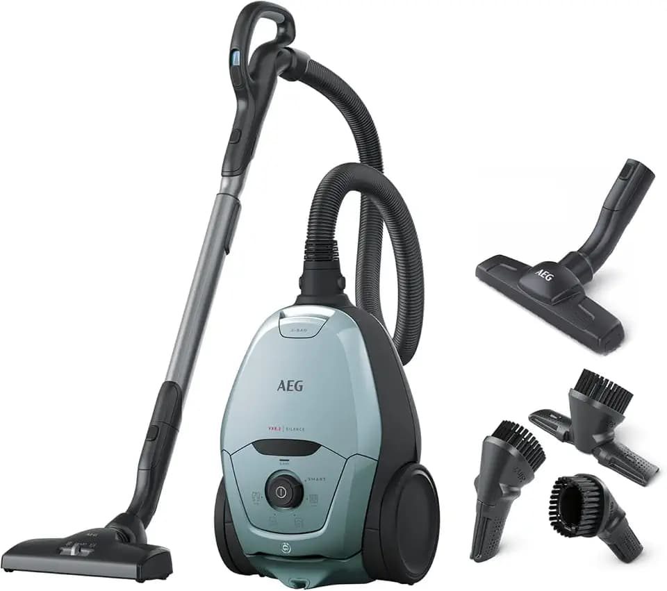 AEG VX82-1-4MB Staubsauger mit Beutel (Automatische Saugkraftregulierung, extrem leise auch auf Teppich, Aufnahme von großen + kleinsten Partikeln, langes Kabel, 55% Recyclingmaterial, 600W, hellblau)