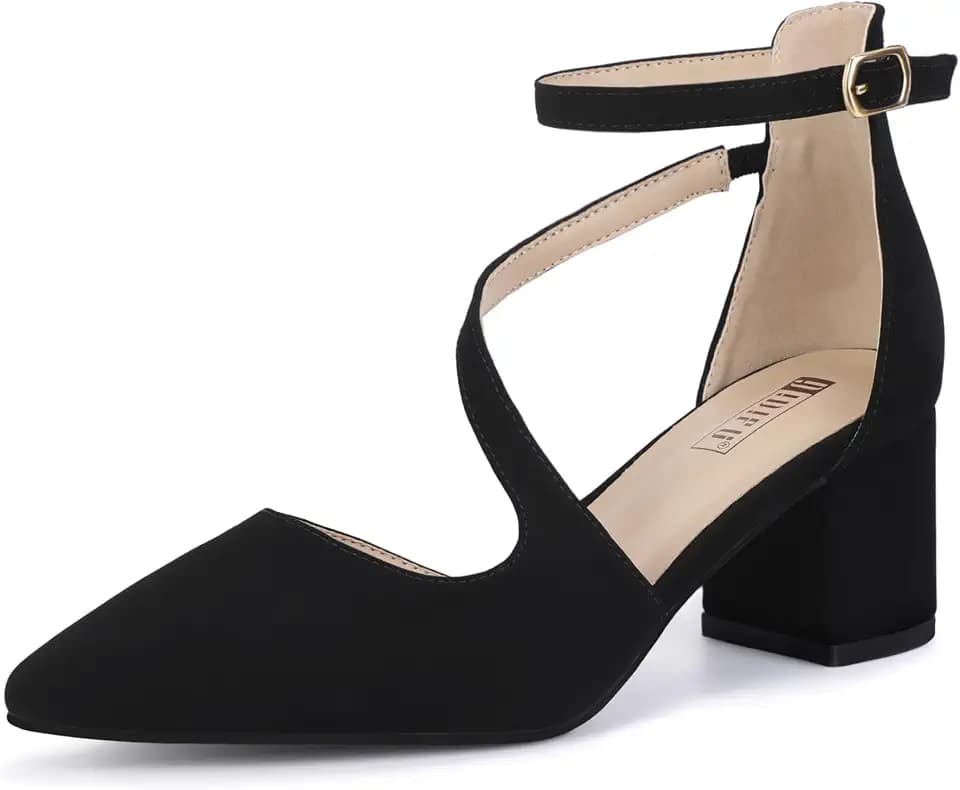 IDIFU IN2 Women's Pumps - Closed Toe, Chunky Block Heels, Ankle Strap, Pointed Toe Dressy Shoes for Work, Wedding, Prom