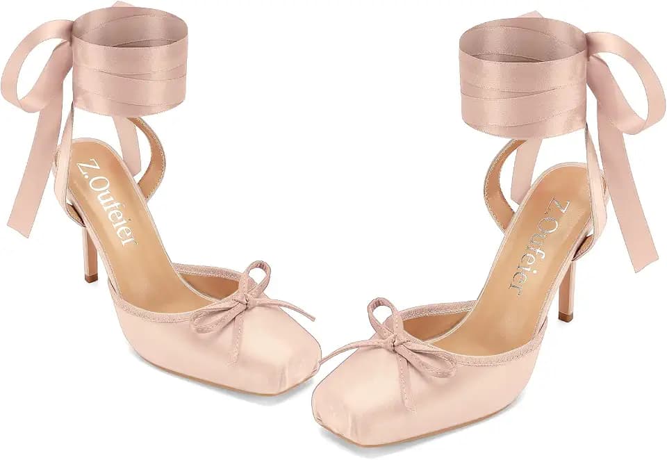 Z.Oufeier Women's Satin Ballet Heels Ballerina Square Toe Slingback Pumps