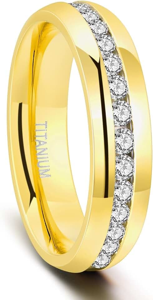 TIGRADE 6mm Gold Titanium Ring Cubic Zirconia Engagement Ring Wedding Band Size 4 to 12.5