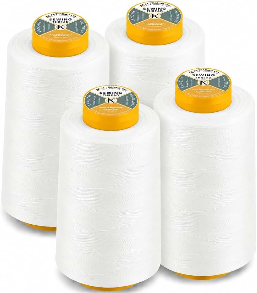 AK Trading 4-Pack White All Purpose Sewing Thread Cones (6000 Yards Each) of High Tensile Polyester Thread Spools for Sewing, Quilting, Serger Machines, Overlock, Merrow & Hand Embroidery