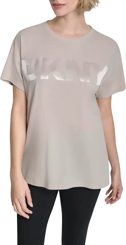 DKNY Women's Short Sleeve Jumbo Satin Logo Crew Neck T-Shirt