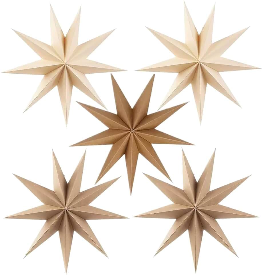 Kizozo Papiersterne Weihnachten 5er Set, Papiersterne zum aufhängen, Weihnachtsdeko Outdoor Innen Fenster, Christbaumschmuck 30cm Papiersterne zum Aufhängen für Weihnachtsdeko, Braun Weiß Khaki
