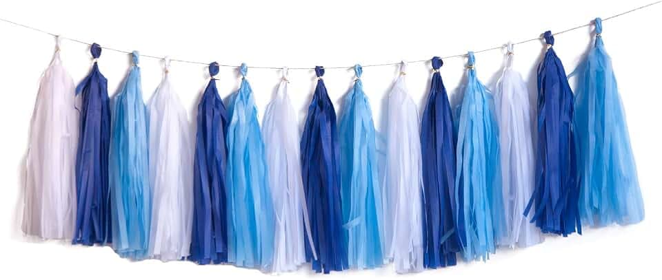 Blue Tassel Garland,Tissue Tassel Banner for Baby Showe Boy Party Decorations,Pack of 15