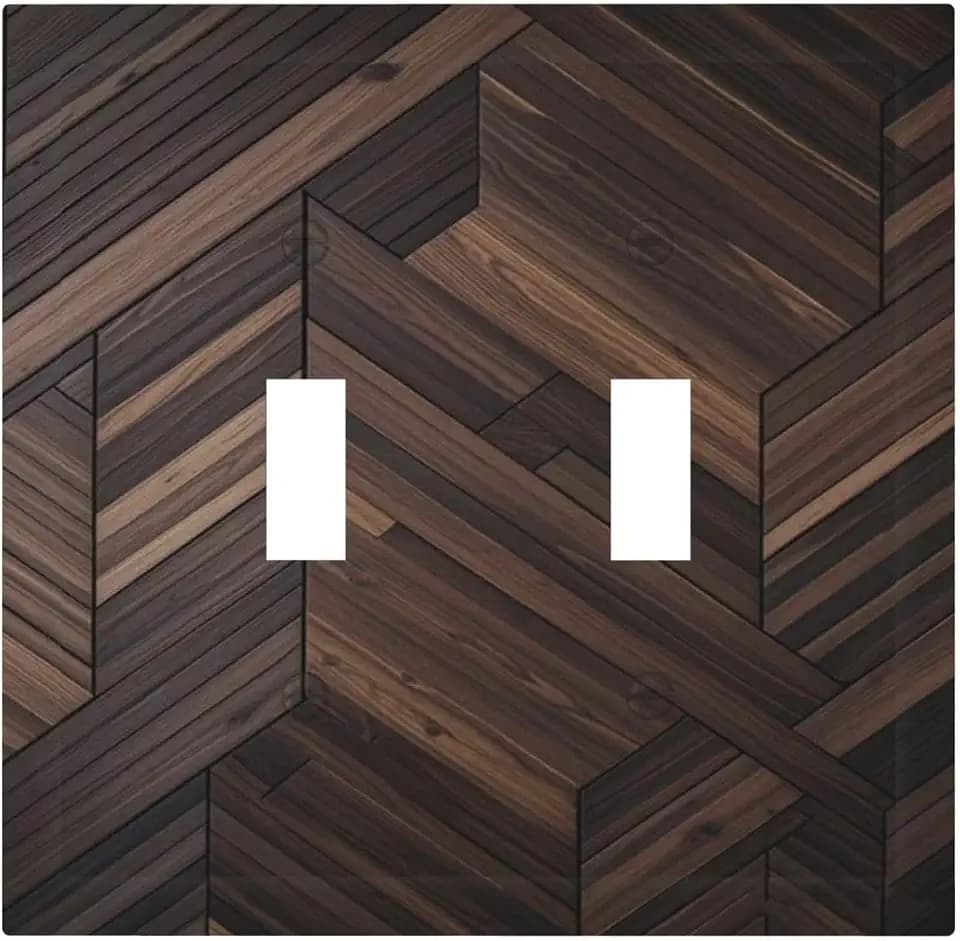 Decorative Light Switch Cover Plate Modern Brown Herringbone Geometric Woodgrain 2 Gang Wall Plate Oversized Double Toggle Two Switch Wall Cover Plate Dual Device Electrical Face Plate