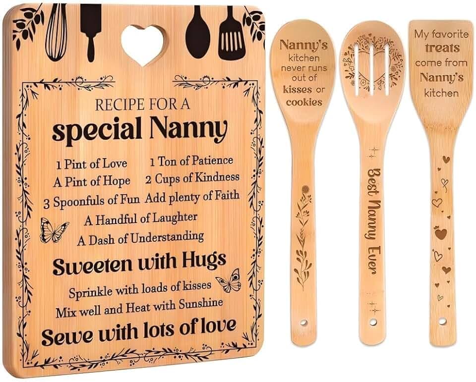 Gifts for Nanny - "Recipe for a Special Nanny" Nanny Gifts Cutting Board Set, Bamboo-Made Engraved Utensil Set Nanny Gifts for Grandma, Mothers Day Gifts for Nanny