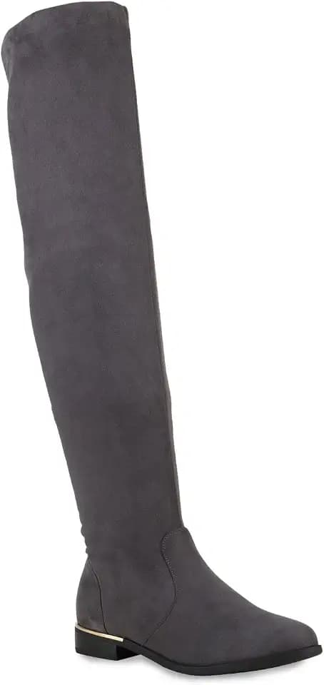 Damen Stiefel Overknees Veloursleder-Optik Winterstiefel Langschaftstiefel Metallic Blockabsatz Schuhe 122683 Grau 40 Flandell