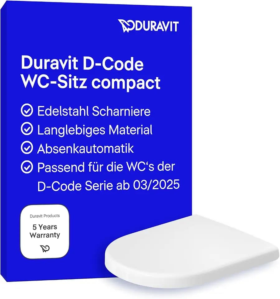 Duravit D-Code WC-Sitz mit Absenkautomatik Kompakt - WC-Sitz aus Duroplast, D-Form, Soft-Close, Edelstahl-Scharniere, weiß Hochglanz, Passend für Duravit D-Code Serie