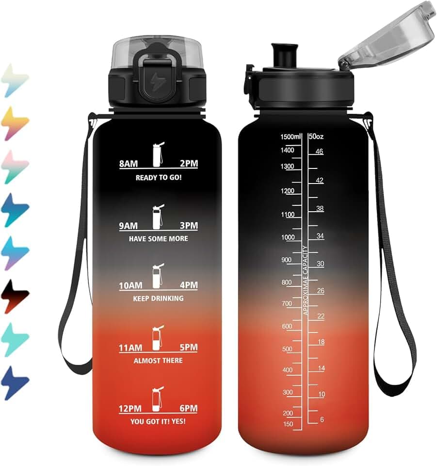 Sportflasche 1.5L, Auslaufsichere Wasserflasche mit Filter, Kohlensäure Geeignet, Wasserflasche mit Zeitmarkierung, Trinkflasche Sport für Fahrrad, Erwachsener, Wandern, Büro, Sprudel, Camping