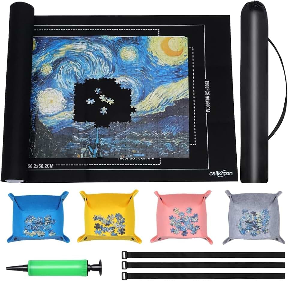 Puzzle Mat Roll Up for 1500 Pieces, Felt Puzzle Board Alternative Gift Set with 4 Sorting Trays and Inflatable Tube, Premium Puzzle Saver Mat for Storage, Portable Puzzle Rolling Mat