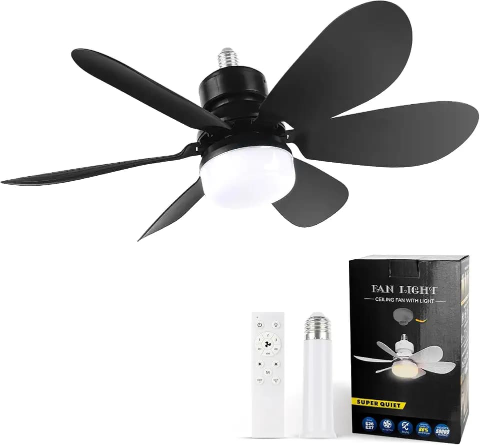 Socket Fan Light, Light Bulbfan with Remote Dimmable, 20.5IN for Garage Kitchen Balcony Living Tools Store Laundry Room (Black)