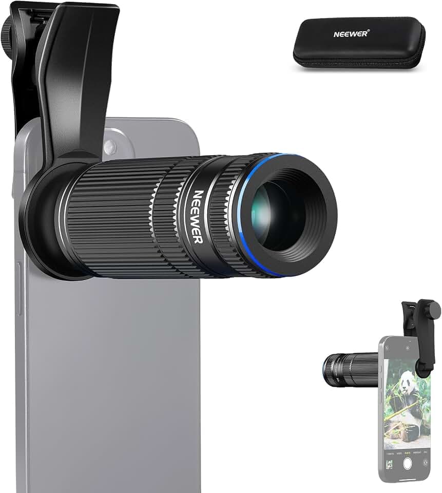 NEEWER 7X Teleobjektiv mit Handy Objektiv Klammer Kompatibel mit iPhone Samsung 15 Elemente 12 Gruppen 7X Vergrößerung Telefon Objektiv für 17mm Gewinde Handy Käfig/Handy Hülle/Backplate LS-36 PRO
