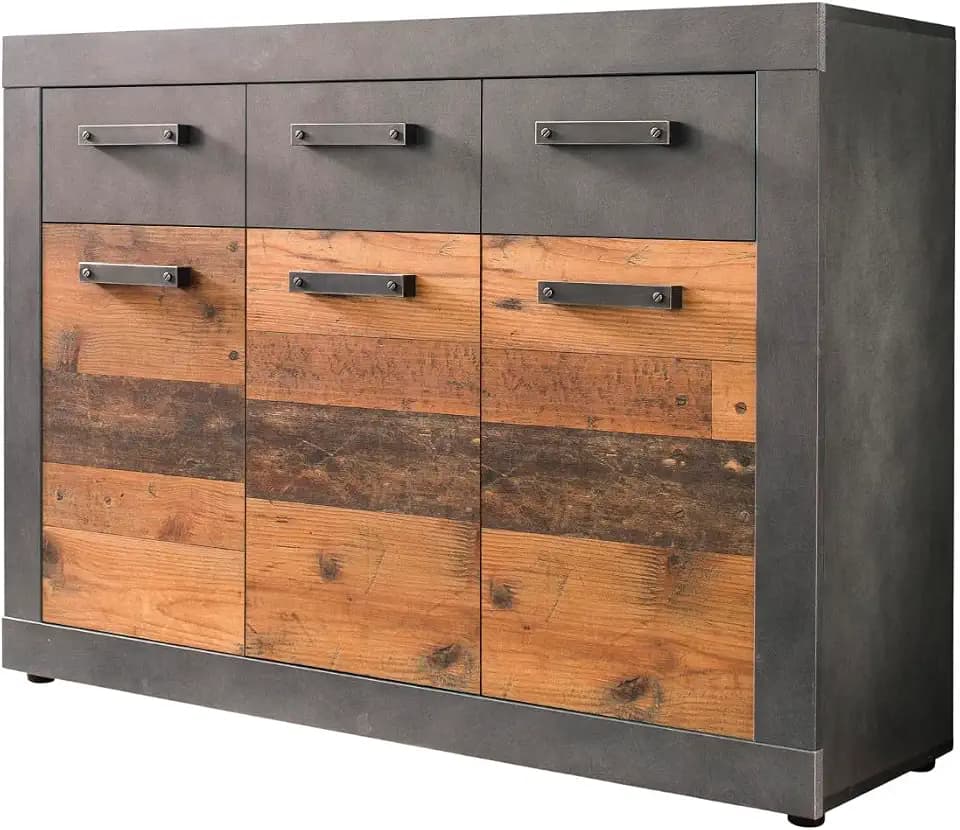 trendteam smart living - Indy - Kommode - Graphit Grau/Alteiche - 3 Schubladen, 3 Fächer - (BxHxT) 117 x 86 x 37 cm - Sideboard in rustikaler Optik