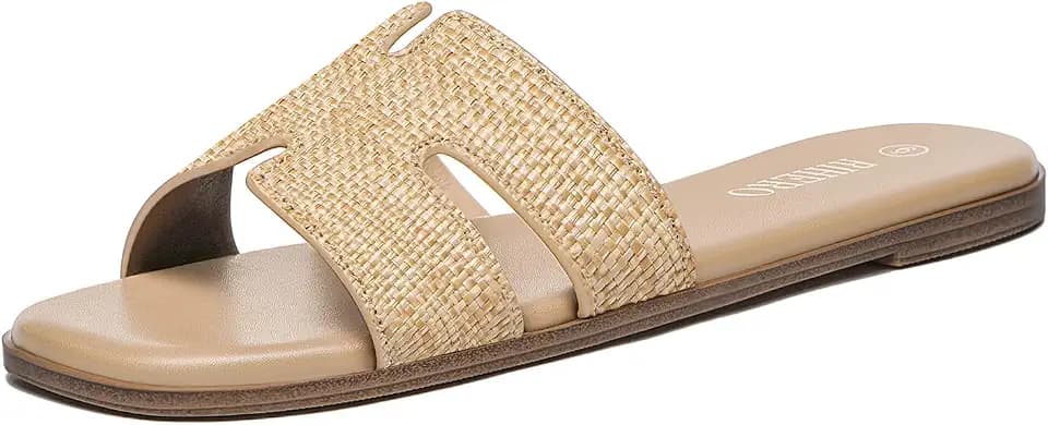 Rihero Flat Sandals Women Dressy Comfortable Slip On Leather Slide Sandals