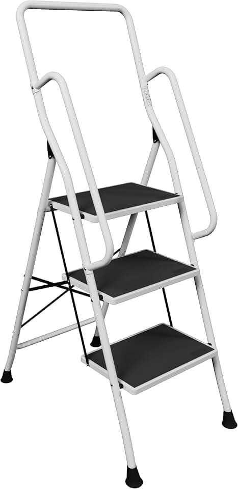 Home Vida Leiter mit Sicherheitshandlauf, 3 Stufen, faltbar, Anti-Rutsch-Matte zur Sicherheit, sicher, robust