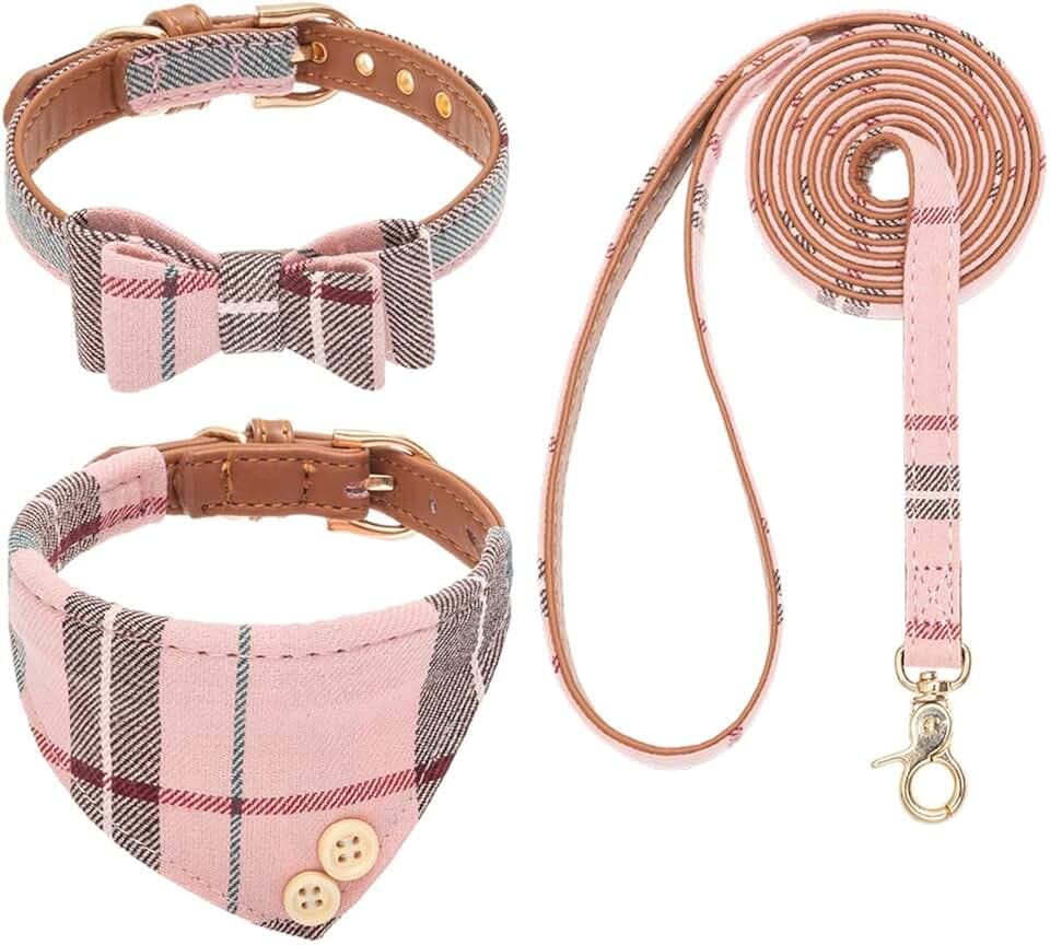 EXPAWLORER Hundehalsband und Leine, Set – klassisch, kariert, niedliche Fliege und Bandana-Halsband, kein Verheddern, verstellbares Welpenhalsband und Leine für kleine, mittelgroße und große Hunde,