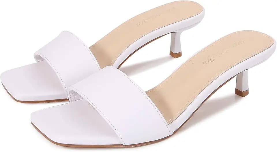 Women's Kitten Heels Sandals Heeled Slides Square Open Toe One Band Slip-On Heeled Mules Low Heeled Sandals for Women