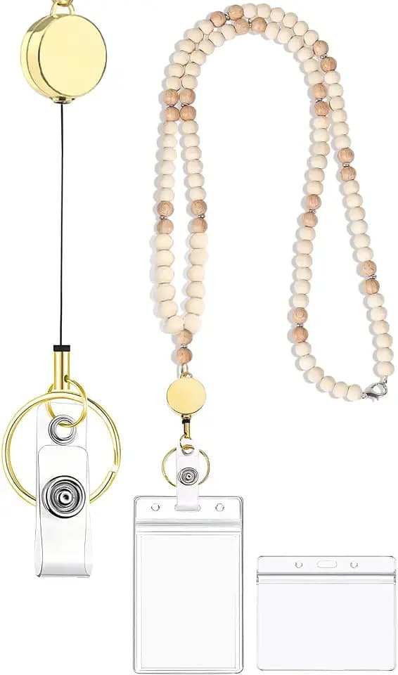 Perlen Handy Lanyard 4 Stücke Ausziehbar Mit Transparente Kartenhalter 35CM, Gold Anti-Diebstahl Abnehmbare Frauen Handy Lanyards um den Hals für Doktor, Krankenschwestern