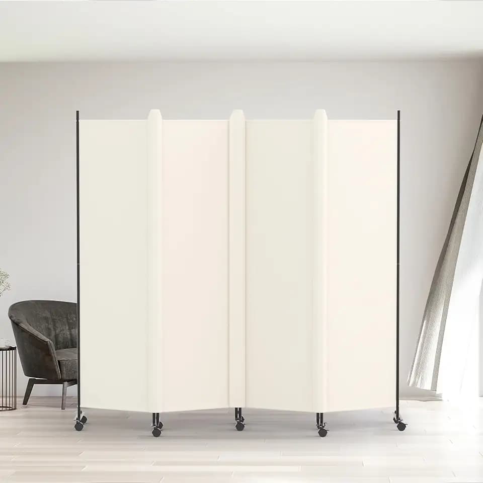 Kokorona Raumteiler mit 4 Paneelen, 1,8 m hoch, rollbarer Sichtschutz mit feststellbaren Rollen, zusammenklappbare Wandteiler, tragbarer Raumteiler für Raumtrennung, inklusive Abdeckstreifen, Beige, B