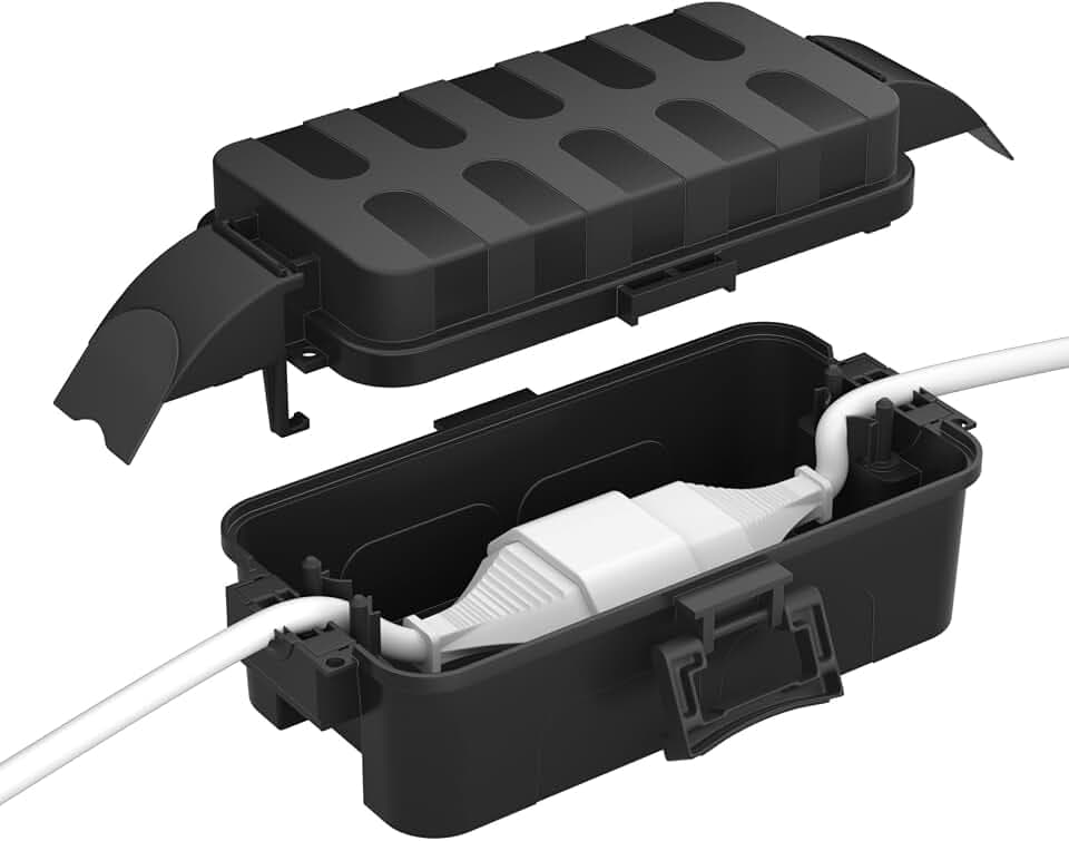 RESTMO IP55 wasserdichte Kabelbox mit abnehmbaren Schildabdeckungen, (Innenmaße: 15cm×8,1cm×4,5cm) Wetterfeste Elektrobox für Verlängerungskabel, Gartensteckdosen, Zeitschaltuhr außenbereich, Schwarz