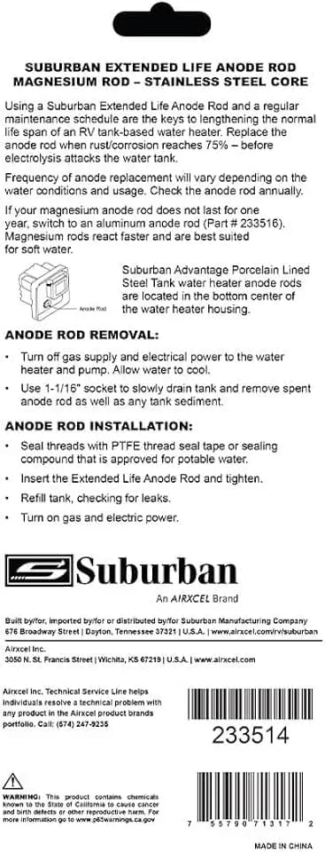 Suburban Magnesium Anode Rod for RV Water Heaters, Easy Install (233514)