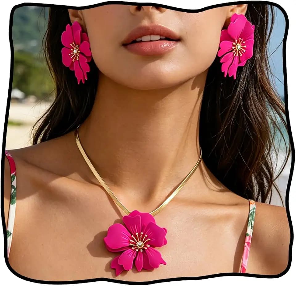 Hot Pink Flower Necklace Earrings Set for Women Chunky Hot Pink Jewelry Set Large Fuchsia Flower Necklace Statement Flowers Earrings Summer Tropical Hawaiian Seaside Jewelry Accessories