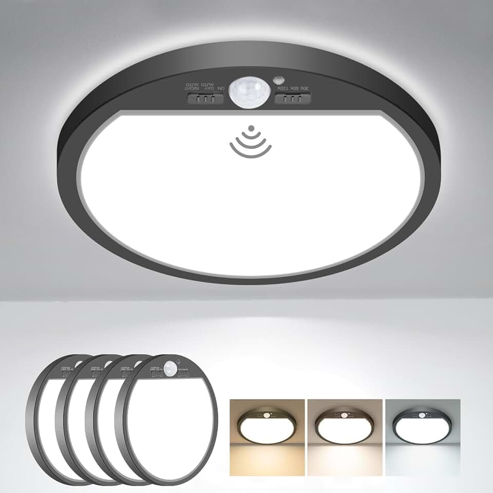 slochi 4 Stück Lampe Deckenlampe mit Bewegungsmelder Innen, 18W 1800LM LED Deckenleuchte mit Bewegungsmelder, 3000K/4000K/6500K Rund Sensor Licht für Flur Treppe Küche Balkon Abstellraum Keller, Ø22CM